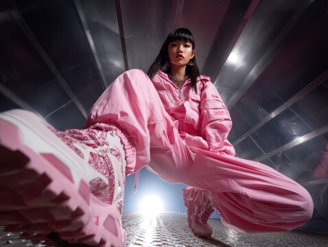 asian k-pop Model leaning towards the camera, one leg extended towards the camera, sneaker in focus