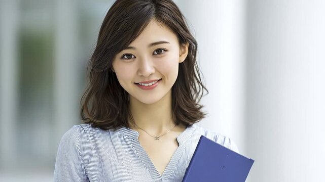 A confident and smiling young woman looks directly at the camera, holding a blue folder or portfolio. She wears a smart blue and white striped collared shirt and a delicate necklace, suggesting a prof