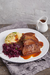 Vegan Sauerbraten with Mashed Potatoes and Red Cabbage