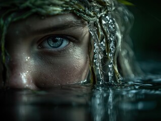 Naklejka premium the calm lake water surface and a head of a mermaid emerging from the water