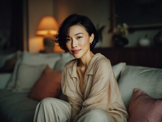 Fototapeta premium Portrait of a Chinese woman in a cozy casual interior of her home
