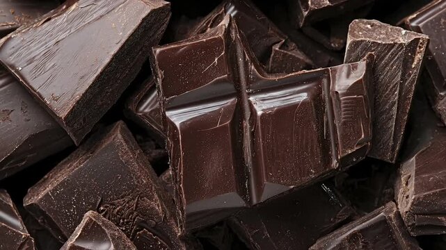 A decadent close-up shot features a bountiful pile of rich, dark chocolate chunks and segments, showcasing their exquisite textures and deep, inviting brown hues. Some pieces exhibit a glossy, smooth 