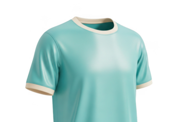 Light blue short sleeve t shirt with cream trim isolated on transparent background