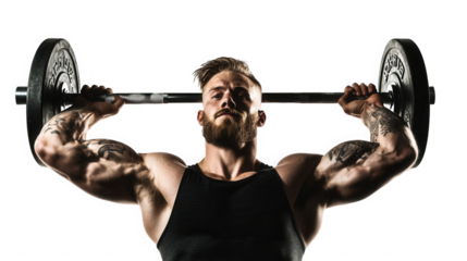 Muscular man in a tank top lifting a barbell with tattoos on his arms against a black background on transparent background