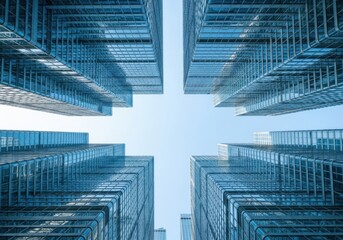 Looking up at modern glass skyscrapers in toronto, canada, showcasing architectural design and urban development against a clear blue sky