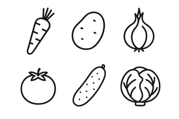 Outline icons of vegetables: carrot, potato, onion, tomato, cucumber, cabbage
