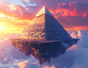 Floating pyramid atop clouds, bathed in golden sunset hues, evokes a surreal, ethereal, and ancient fantasy landscape