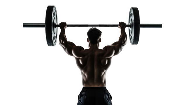 Muscular man lifting barbell overhead in a dark setting showing back muscles and strength training exercise on transparent background