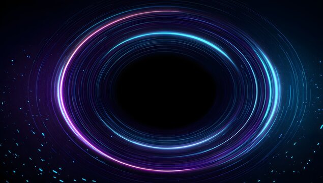 Vibrant neon ring of light swirling around a dark central void with subtle speckled background detail