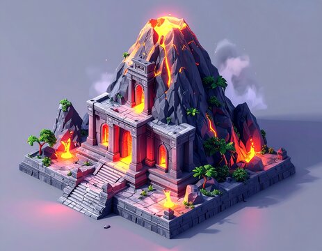 Isometric, low-poly building with volcano-like structure emitting lava, set against a neutral background