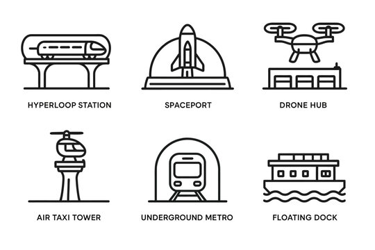 Futuristic transport icons featuring hyperloop, spaceport, drone hub, air taxi, metro, floating dock