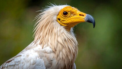 Obraz premium Close-up of Egyptian Vulture with vibrant yellow face and beak against a soft green blurred background