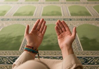 Closeup of a muslim mans hands raised in prayer inside a mosque, seeking guidance and blessings from allah on a patterned carpet