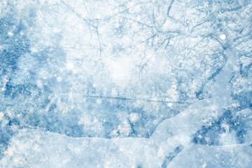 Snowy winter background in the park, blurred abstract seasonal backdrop, snowflake texture, light landscape background
