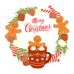 Merry Christmas card hot chocolade, lettering and round frame with fir wreath made of gingerbread cookies, winter drink, marshmallows, and wafer rolls, festive winter design. 