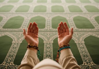 A muslim woman is praying to allah with her hands raised on a prayer rug in a mosque during ramadan, a holy month for muslims