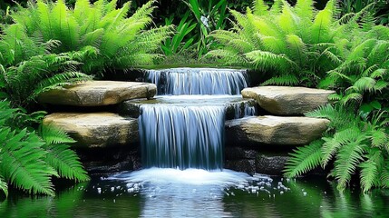 A serene waterfall cascading over rocks surrounded by lush green ferns, creating a tranquil and peaceful oasis in a tropical garden setting