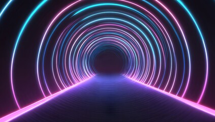 Illuminated futuristic tunnel with concentric neon rings of blue and pink light leading into darkness