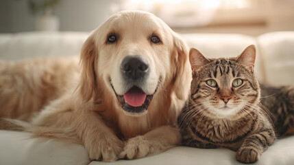 Friendly pets golden retriever and tabby cat cozy living room heartwarming photo warm lighting close-up view animal companionship