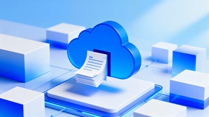 Digital cloud storage with document upload, illustrated in a futuristic blue environment featuring connected cubes and data flow.