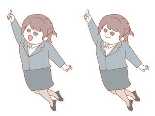 スーツ(スカート)の女性が指差ししているイラスト　寒色