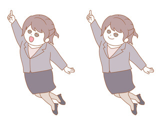 スーツ(スカート)の女性が指差ししているイラスト　暖色