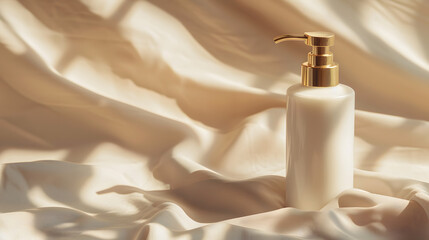 Naklejka premium White Lotion Pump Bottle on Golden Satin Fabric Background
