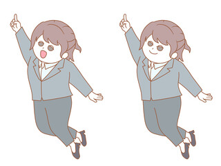 スーツ(パンツ)の女性が指差ししているイラスト　寒色