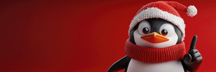 Christmas penguin in santa hat and holiday character. EMOTIONAL SURPRISE ON FACE. POINTING FINGER TO THE SIDE ON BACKGROUND, 3D illustration, isolated on red background, place for text.