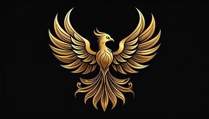 A majestic, golden mythological bird with widespread wings on a dark background