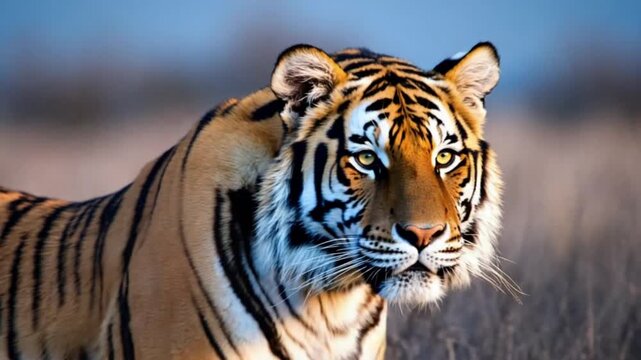Close up of a tiger with striking orange and black stripes looking directly at the camera lens tiger video