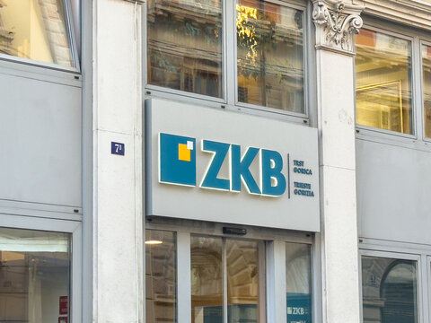 Trieste, Italy - October 14, 2025: ZKB bank signage prominently displayed on modern building exterior, showcasing brand identity and architectural design in urban setting with clear visibility