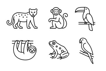 Obraz premium Set of simple jungle animal icons: jaguar, monkey, toucan, sloth, frog, parrot