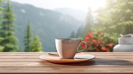 Morning Serenity: Coffee Cup on Wooden Table with Mountain View Backdrop