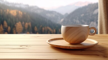 Wooden cup with mountain view, embodying rustic charm and serene escape