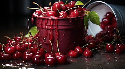 Abundant Cherries Overflowing a Red Bucket on Reflective Surface Still Life