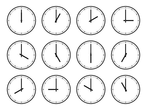On the hour clocks set. Round analog minimal clock with tick marks. Clock face with indices only. 1, 2, 3, 4, 5, 6, 7, 8, 9, 10, 11, 12, 13, 14, 15, 16, 17, 18, 19, 20, 21, 22, 23, 24 o'clock.