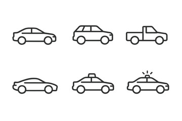 Set of six simple car icons including sedan, suv, pickup, coupe, taxi, police car