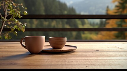 Aromatic moment: Tea on the deck with a mountain backdrop during fall season