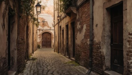 Fototapeta premium A sun-dappled alleyway, lined with weathered brick buildings and cobblestones