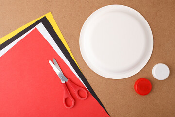 Flat lay of colorful craft materials for children art activity, perfect for educational publishers,...