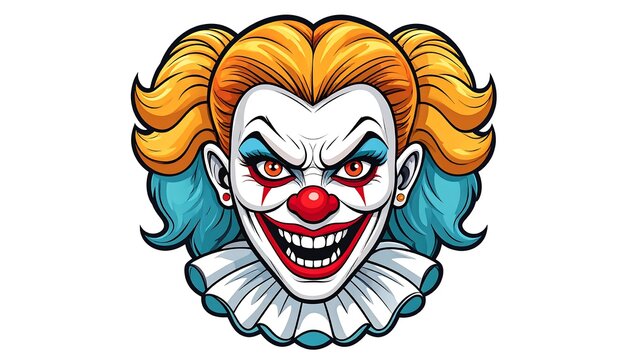 A menacing cartoon clown with fiery eyes and a wicked grin