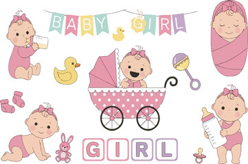 Cute Baby Girl vector illustration set with stroller, bottle, and newborn announcement text isolated on white