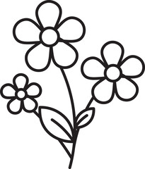 Simple black outline of three daisy flowers with round petals and two leaves, minimalistic floral illustration, cheerful and decorative design