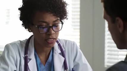 Compassionate female doctor consulting with patient, offering expert medical advice and care in a bright, modern clinic setting