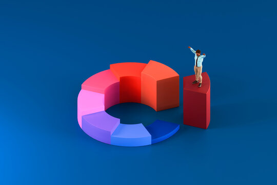 Business person celebrating achievement on 3D bar chart