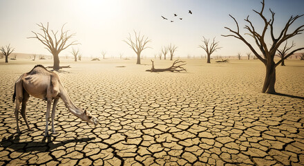 Desolate desert landscape with a lone camel in a dry, cracked earth environment symbolizing drought and arid conditions
