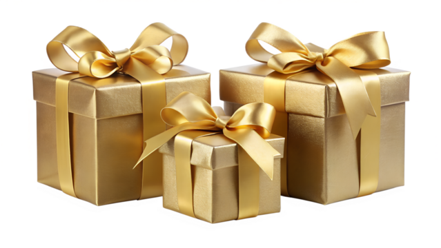 Three golden gift boxes with shiny ribbon bows, isolated on transparent background