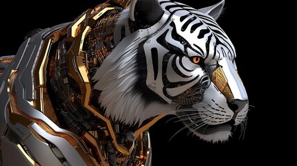 Futuristic robotic tiger with silver and gold, a captivating representation