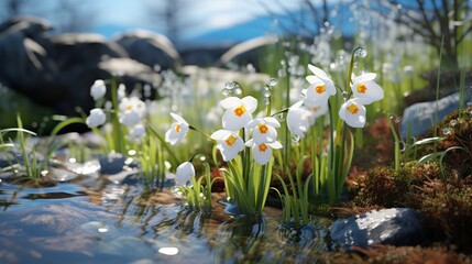 Enchanting snowdrops in a serene waterside setting, a symphony of nature's beauty